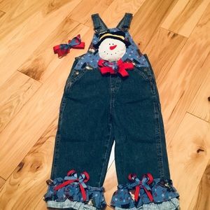 Girls 3T Snowman Boutique Denim Overalls